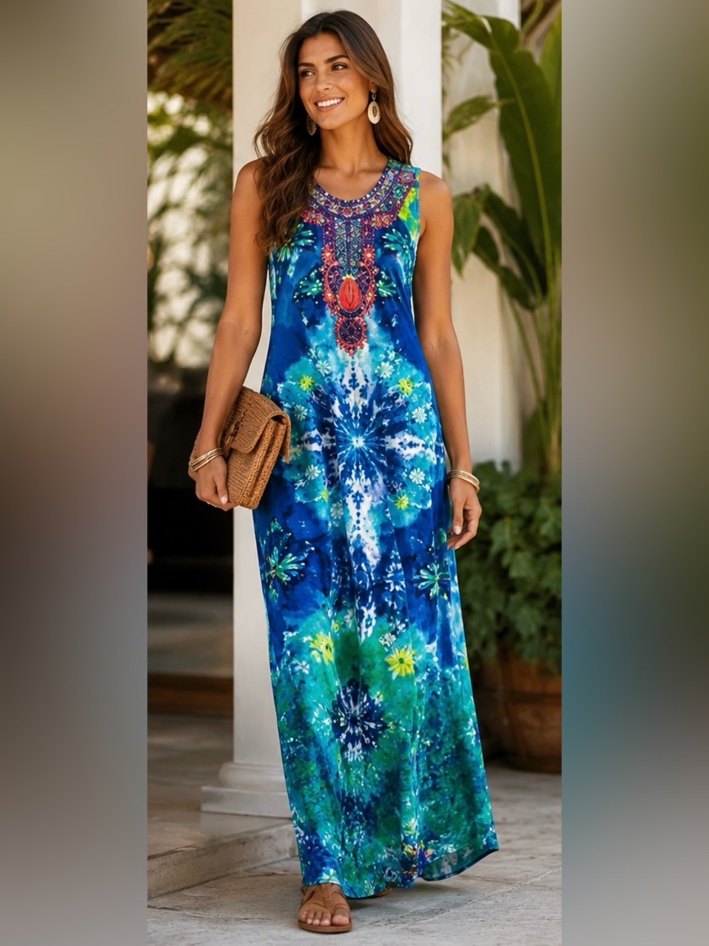 Blue Tropical Boho Maxi Dress Embellished Resort Cruise Vacation M